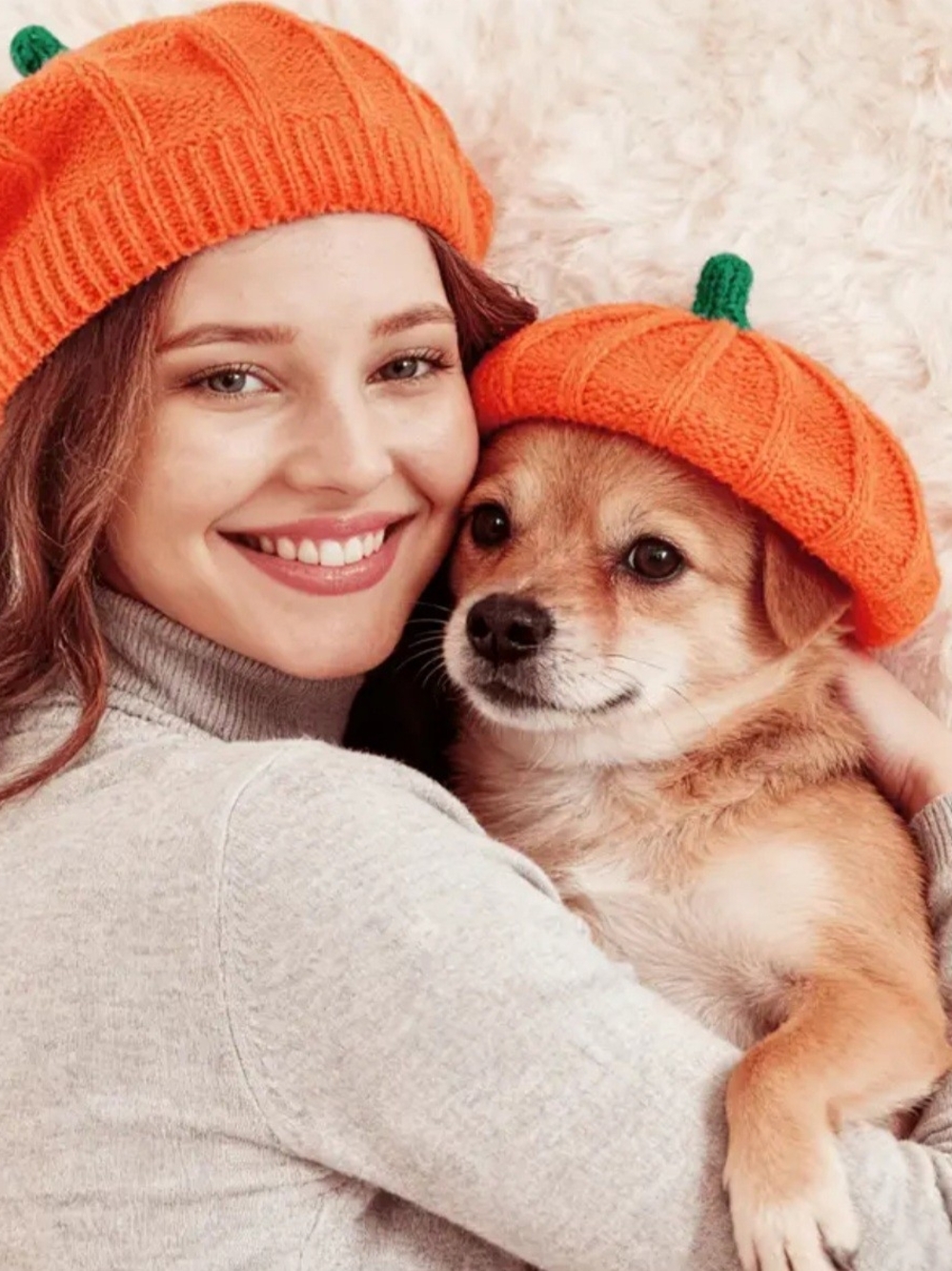 Adorable!! Cozy Orange Pumpkin Knit Matching Hat& Dog Hat - Seasonal Pet Beanie